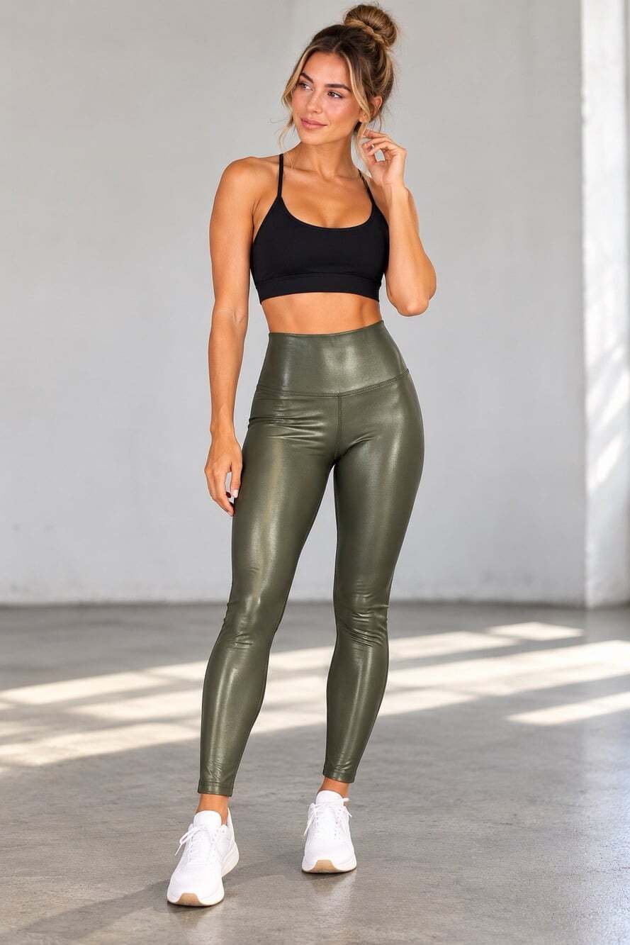 Carbon 38 XS Shiny Olive Green Leggings Faux Leather Military Yoga Wide Waist